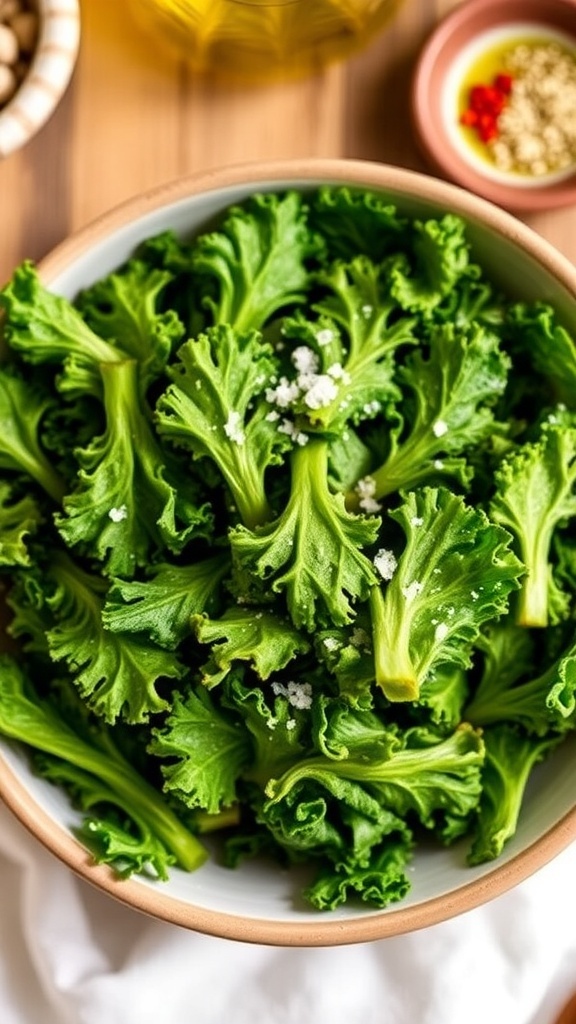 A bowl of crispy kale chips seasoned with salt and spices, served on a wooden table.